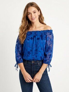 WHBM Silk Blend Blue Floral Burnout Off-the-Shoulder Top Size XS